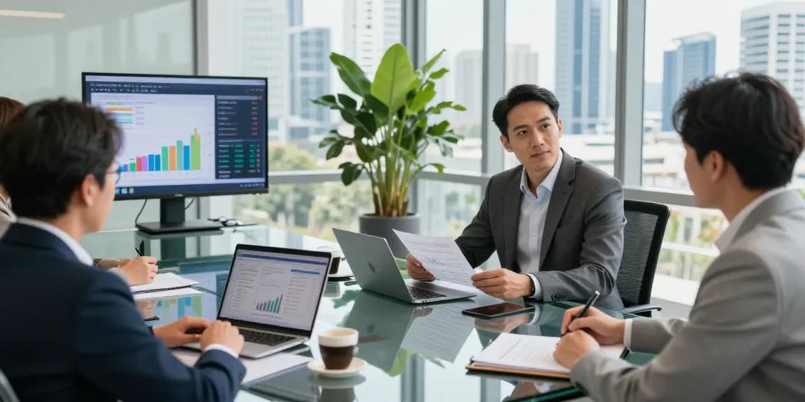 Financial Advice Gold Coast consultation in modern office, showcasing advisor with clients discussing strategies.