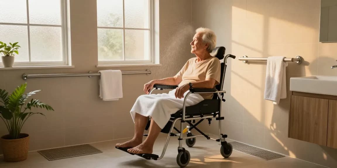 Senior using a comfortable 沐浴椅 in a serene bathroom setting, emphasizing safety and relaxation.