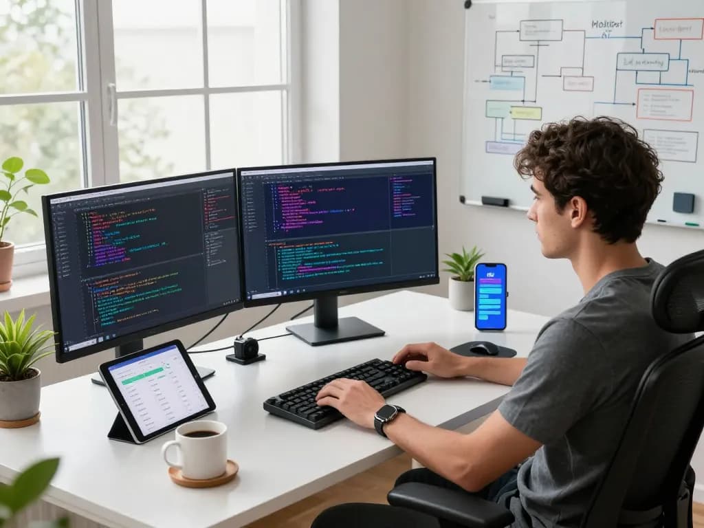 Moltbot AI enhancing productivity in a vibrant tech workspace with developer coding amidst multiple screens and modern equipment.