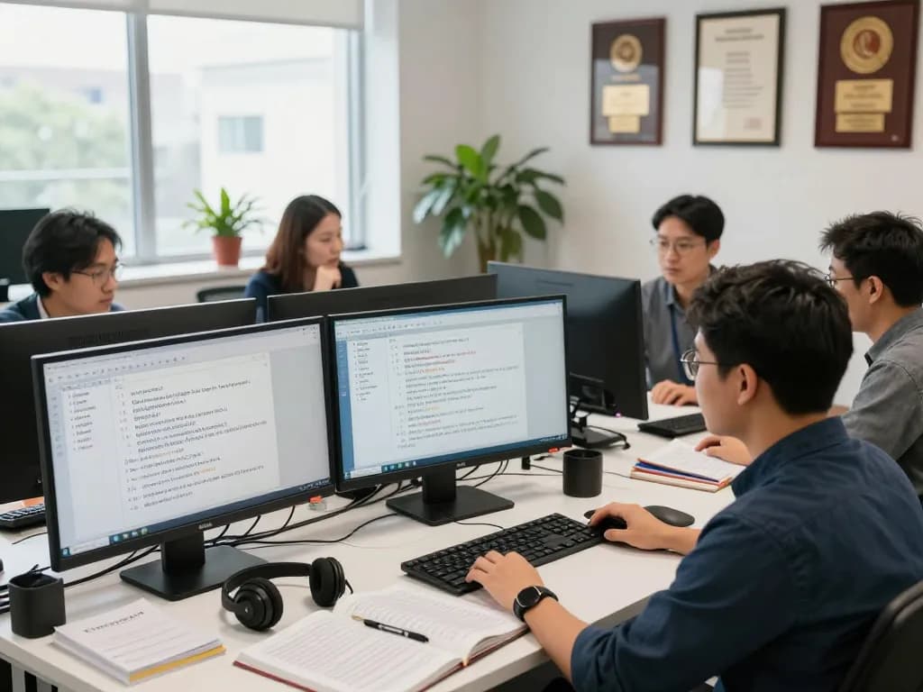 在现代办公室工作的翻译员使用有道翻译进行协作和专业翻译解决方案。