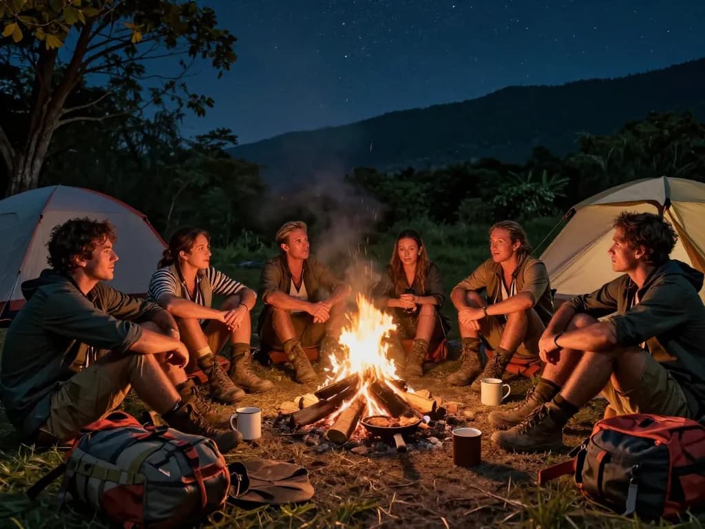 Survivor Turning contestants sharing stories around a campfire in a dynamic outdoor setting, showcasing survival gear and camaraderie.