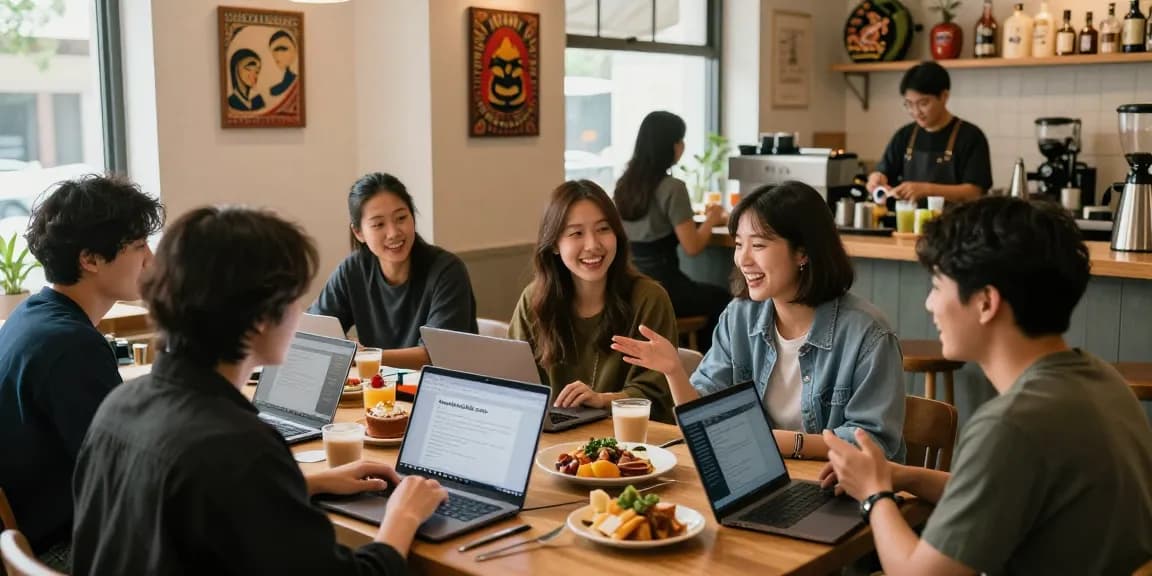 A lively café scene showing young adults discussing content from https://hanadultalk.com, surrounded by Asian pop culture items and culinary delights.
