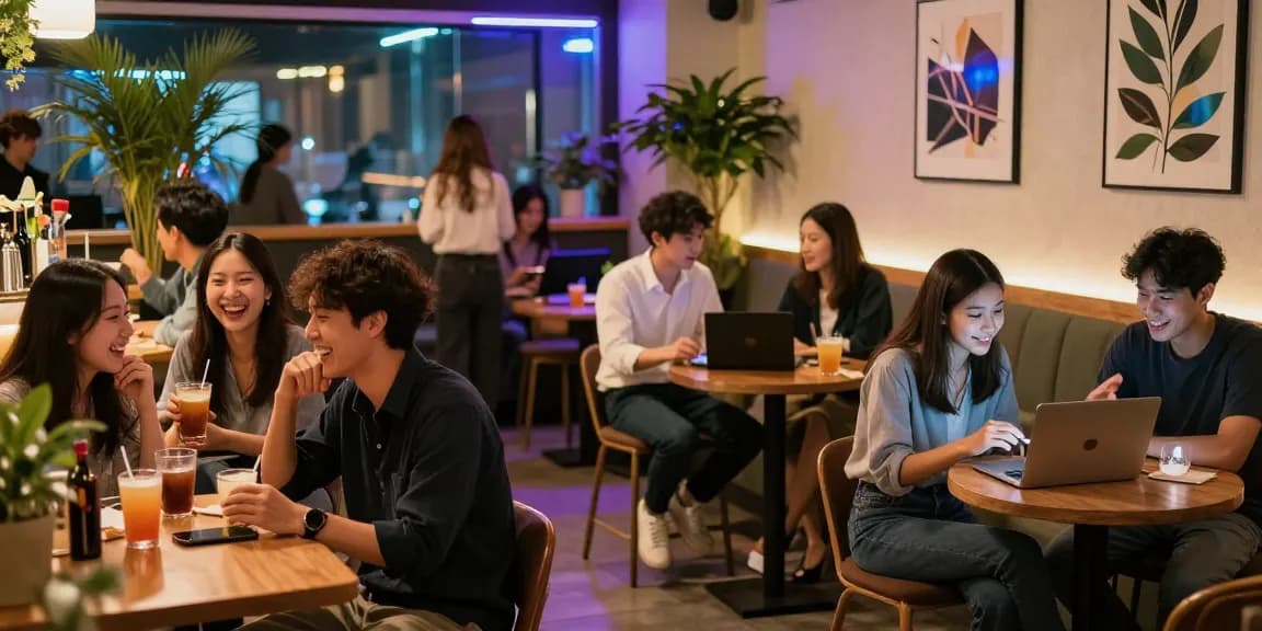 하루이야기를 통해 강남 나이트라이프 커뮤니티에서 친구들이 바에서 즐거운 시간을 보내고 있는 모습
