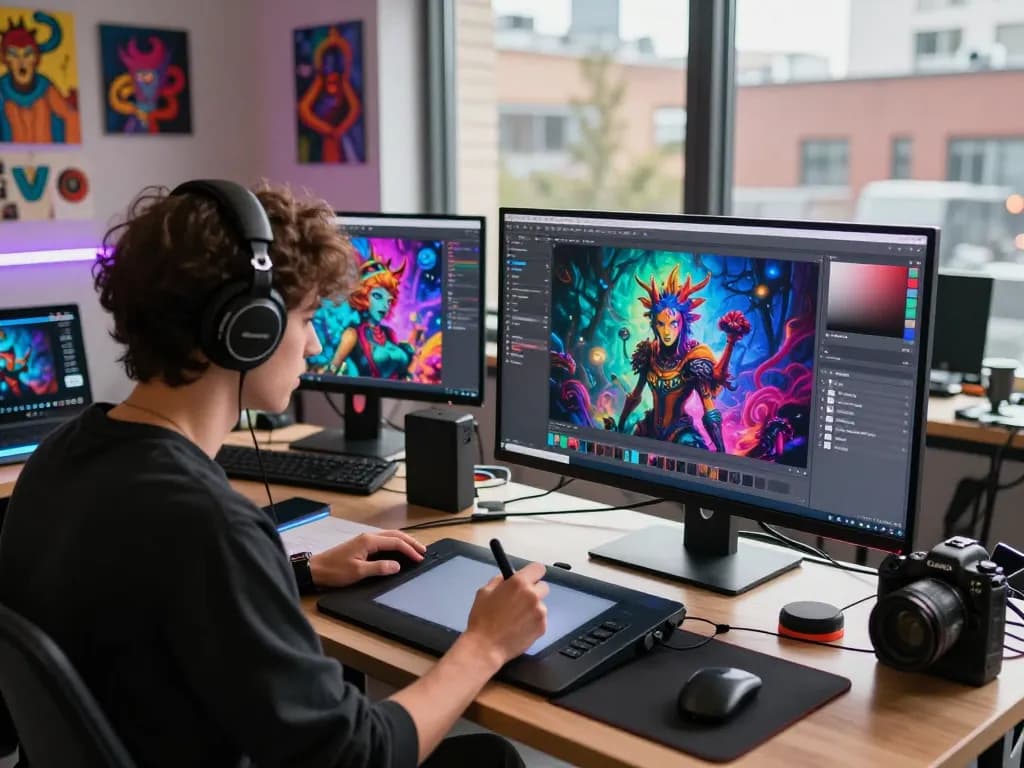 Creative artist using nsfw ai tools in a vibrant digital studio, creating provocative visuals.