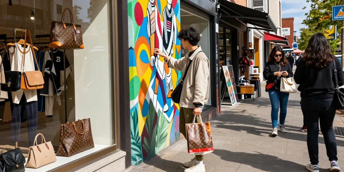 Stylish individual browsing high-quality 레플리카 fashion items in vibrant urban shopping district.