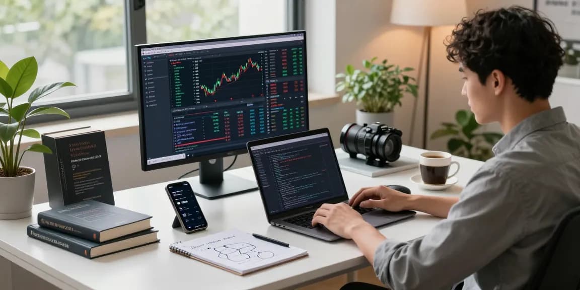 Engineer coding Japan stock WebSocket API at modern workspace with live market data.