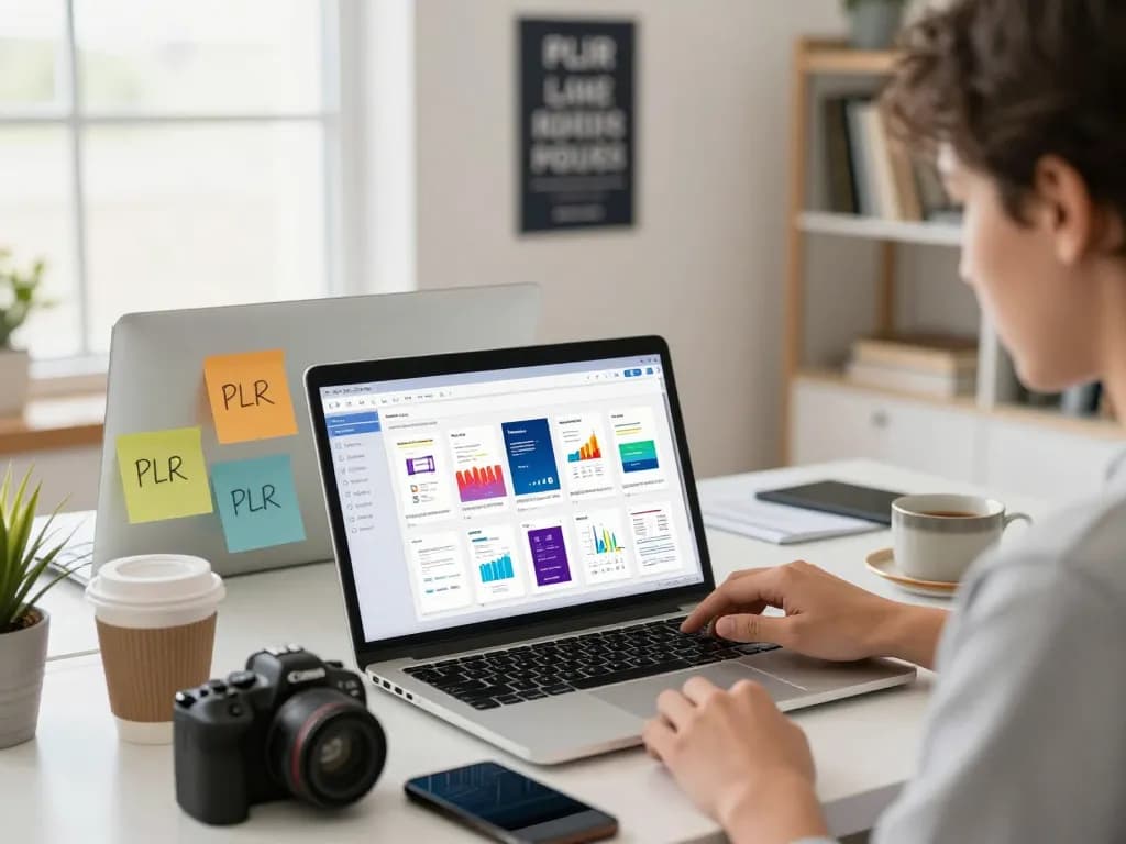 Buy PLR Digital Products in a vibrant e-commerce workspace with an entrepreneur reviewing various digital assets.