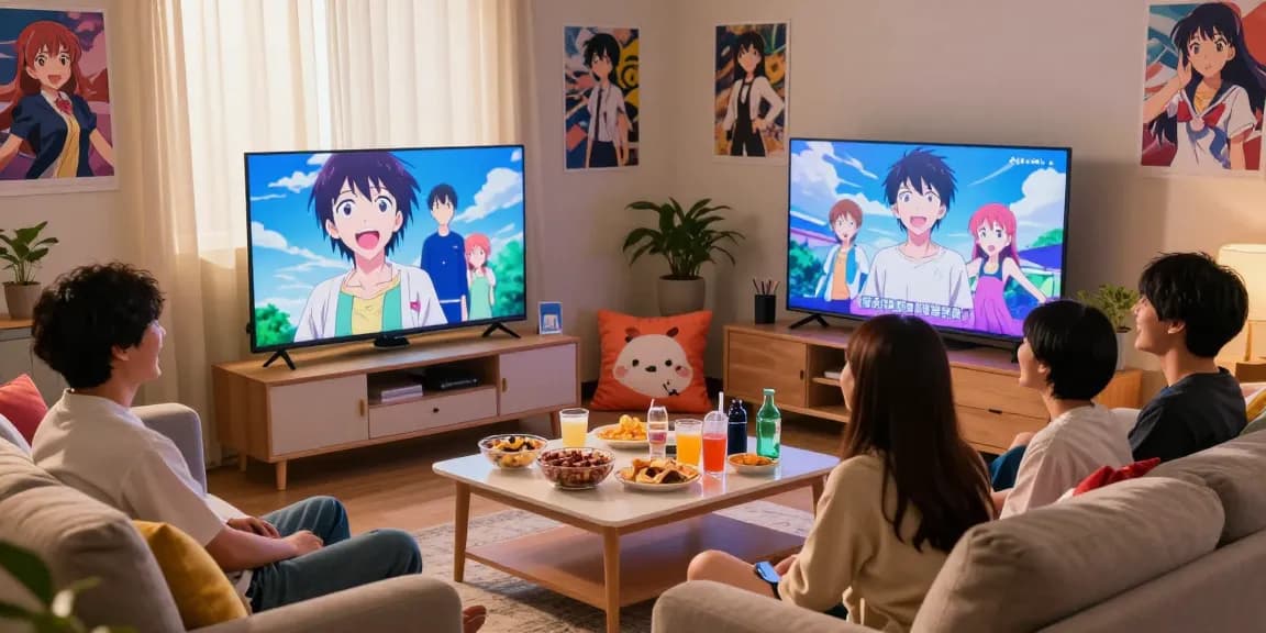 Experience the joy of anime with friends while streaming at https://animehay.zip/ in a cozy living room setting.