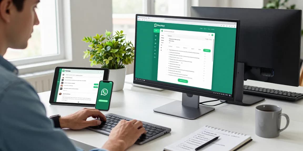 Workspace with WhatsApp網頁版 open on a monitor, showcasing modern tech communication.