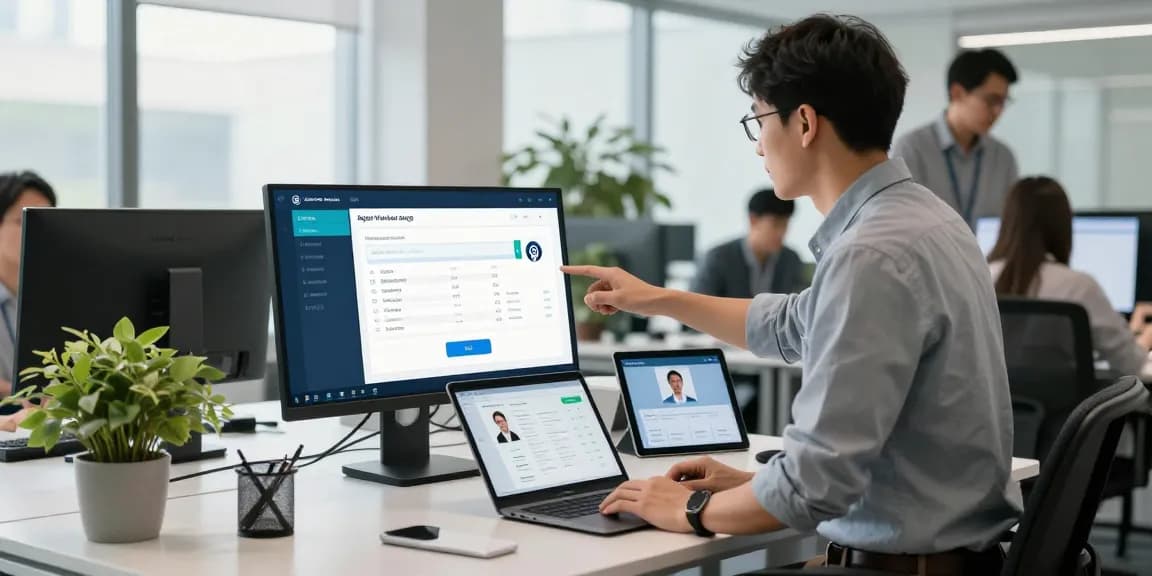 Efficient age verification system in a modern office with IT specialist analyzing biometric data.
