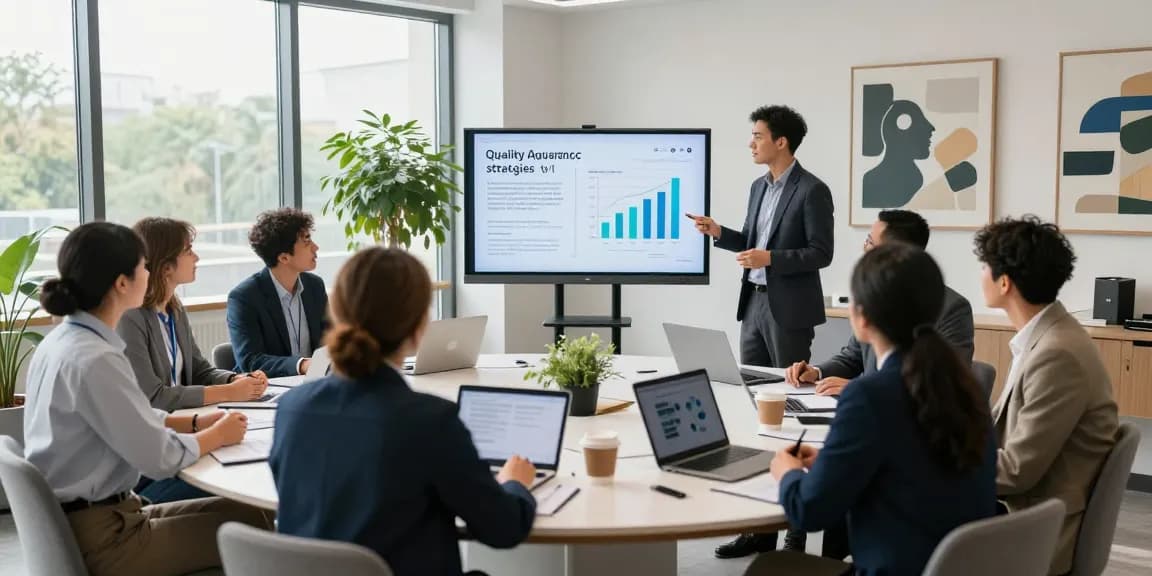 Collaborative meeting scene highlighting the importance of Interessen Verband Qualität with professionals engaging in quality assurance strategies.