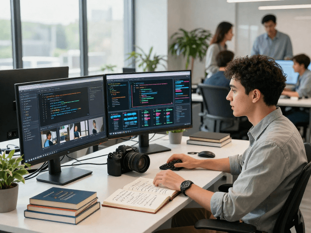 Detect AI image analysis in a modern workspace with advanced tech displays and collaborative team.