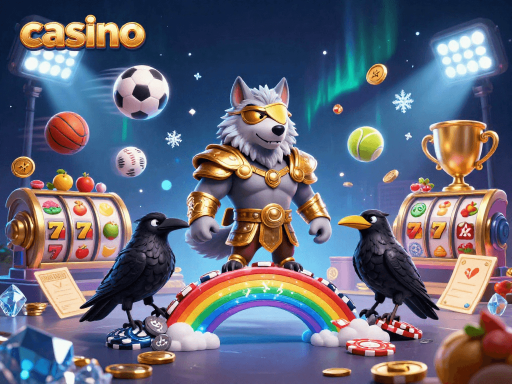 Odin wolf and ravens promote casino fun amid dynamic game elements and vibrant visuals.