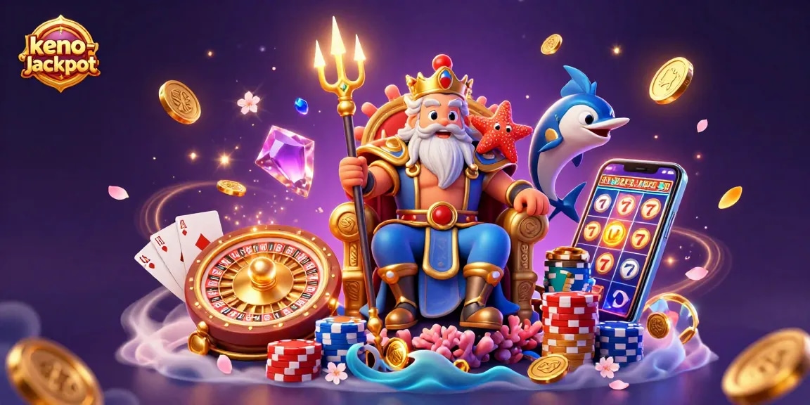 Keno-jackpot illustrates Neptune and samurai in a vibrant casino scene with dynamic game elements.