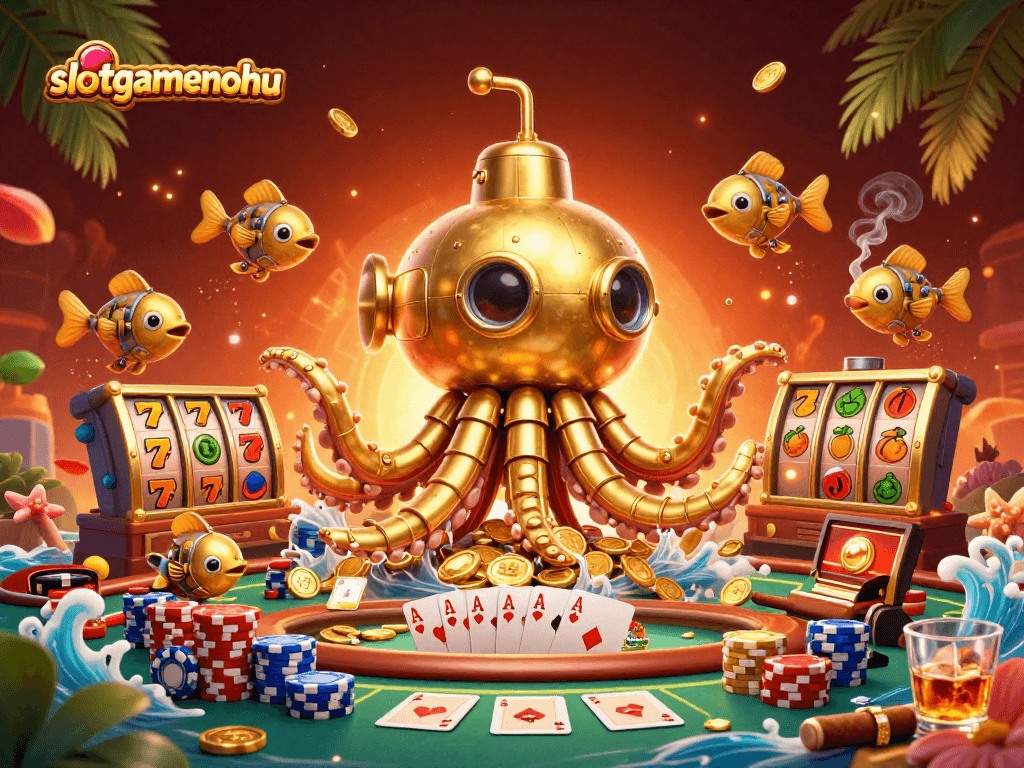 Experience thrilling gameplay with slotgamenohu featuring a golden kraken submarine amidst slot symbols.