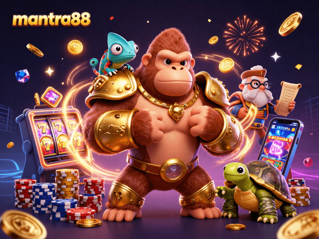 Experience the thrilling action of mantra88 as a gorilla king leads a vibrant casino adventure.