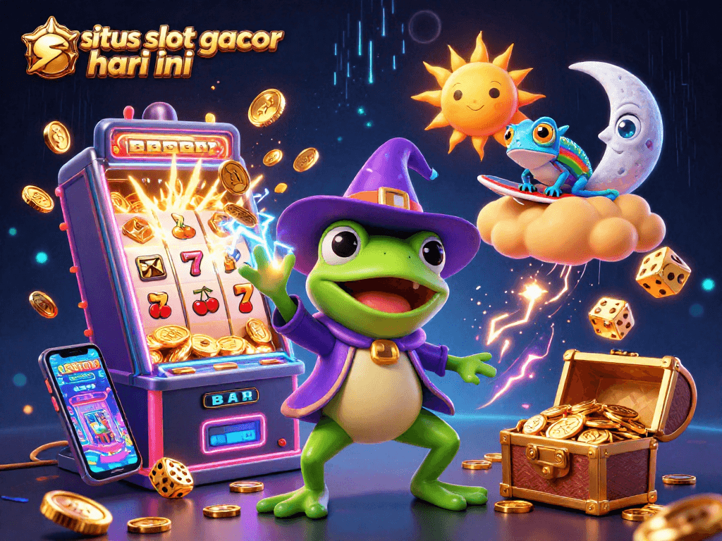 Experience the thrill with situs slot gacor hari ini as the weather wizard frog and chameleon surf through a coin storm.