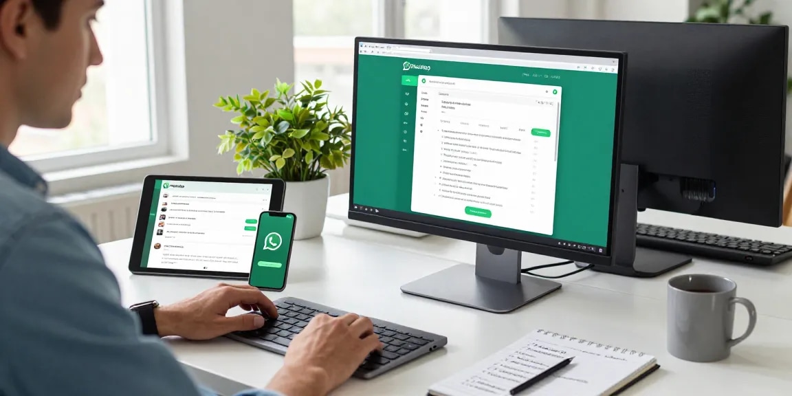 Workspace with WhatsApp網頁版 open on a monitor, showcasing modern tech communication.
