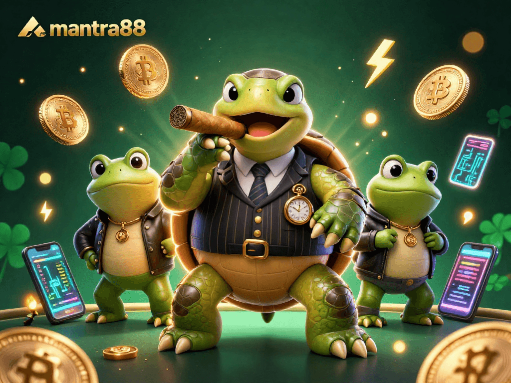 Experience thrilling gameplay with mantra88, featuring an engaging crypto casino scene with vibrant characters.
