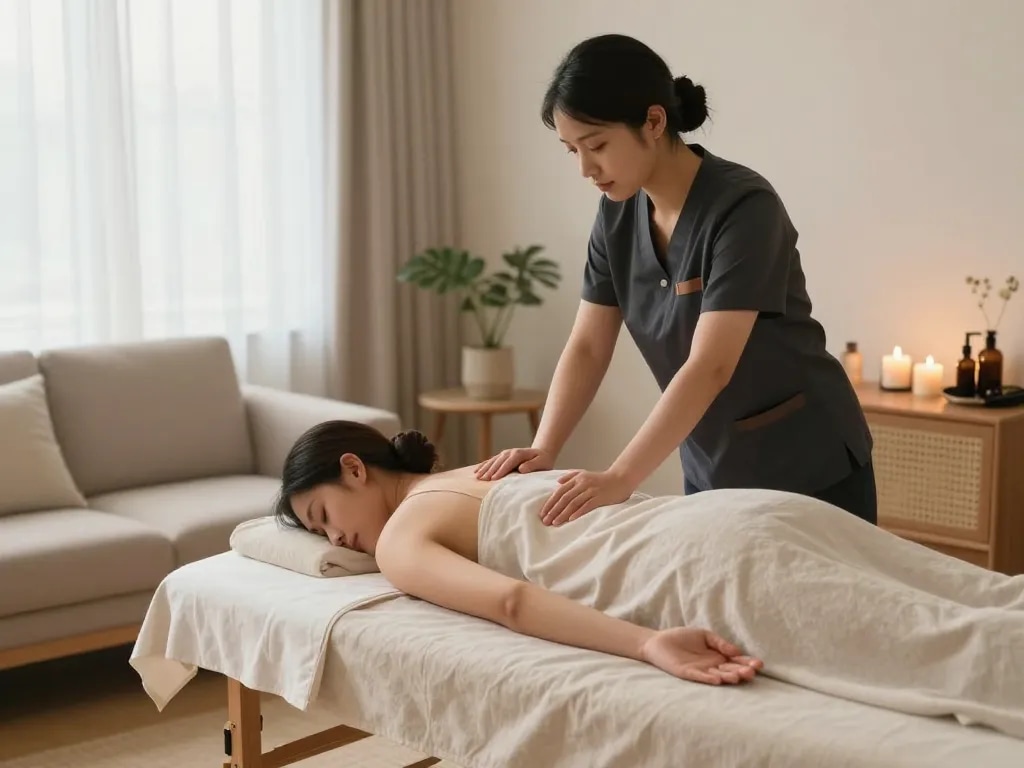 출장마사지 in a relaxing home environment with a professional therapist providing soothing massage.