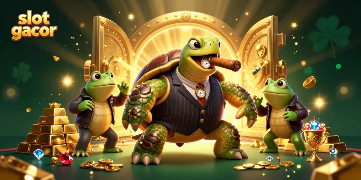 Experience slot gacor excitement with a massive snapping turtle and bullfrog enforcers in a vibrant casino scene.