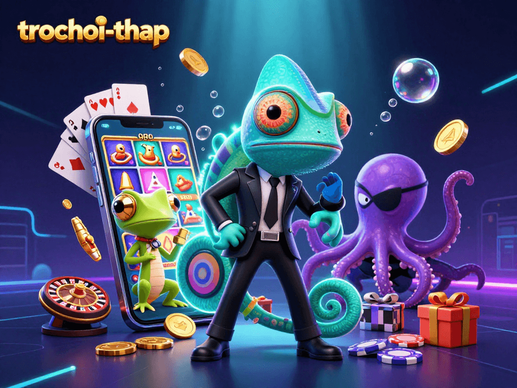 Play the trochoi-thap game featuring thrilling chameleon, gecko, and octopus characters amidst a colorful casino theme.