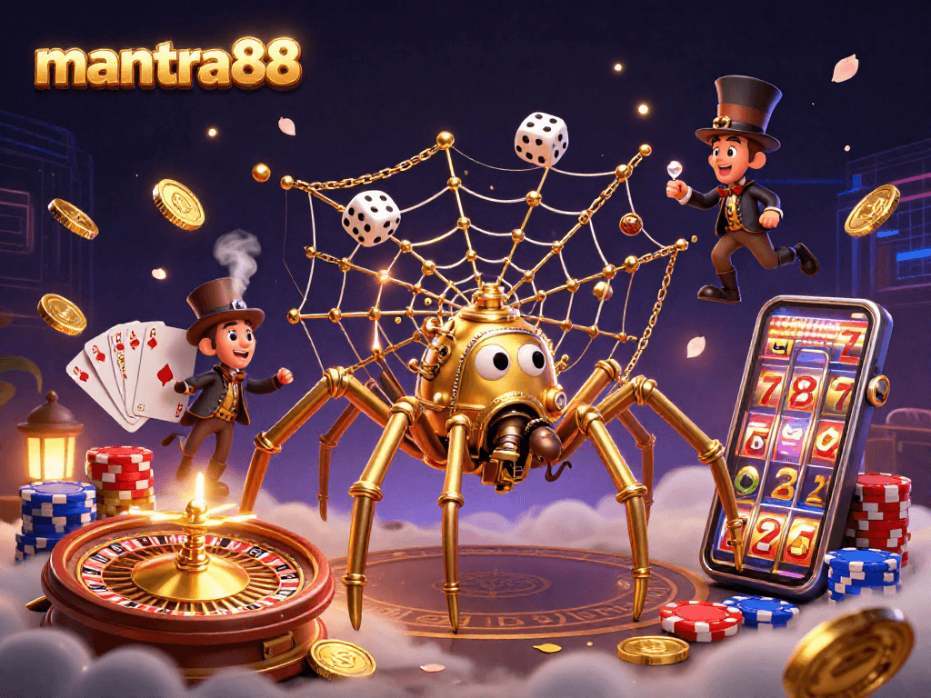 Engage with mantra88's vivid casino experience featuring a golden steampunk spider and lively gaming elements.