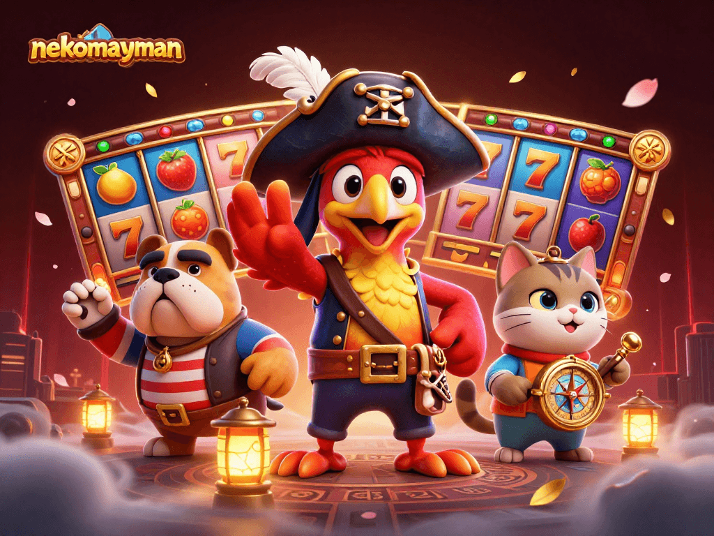 Play slot games in nekomayman with exciting jackpot counters and animated characters.