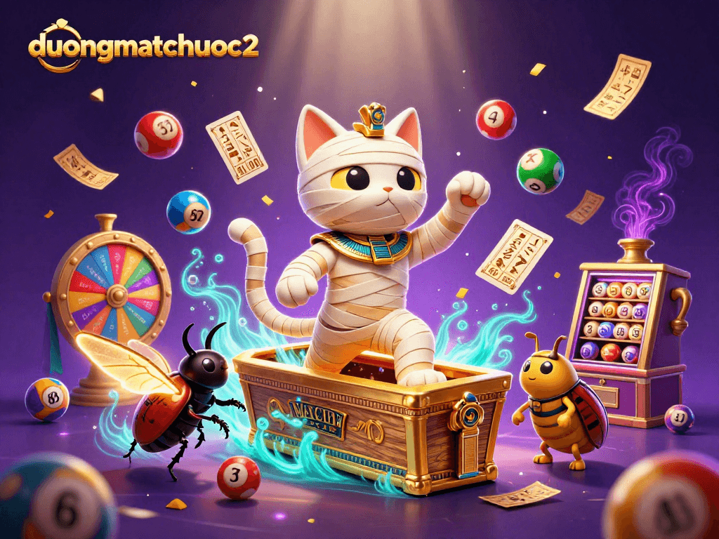 Play duongmatchuoc2 by a cartoon mummy cat and scarab beetle in a vibrant casino scene.