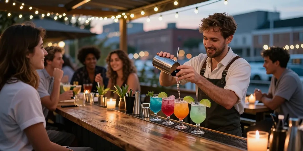 Best chuflay cocktail near me served at a vibrant outdoor bar with friends.