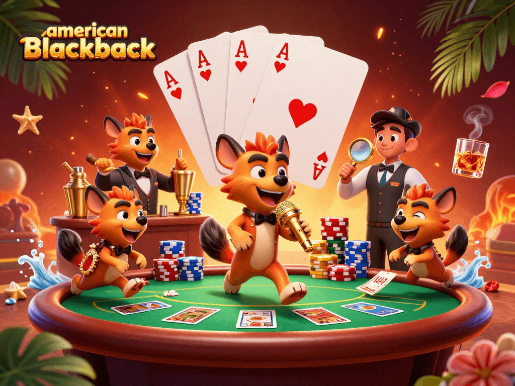 Experience the excitement of american-blackjack with lively hyena characters and vibrant casino elements.