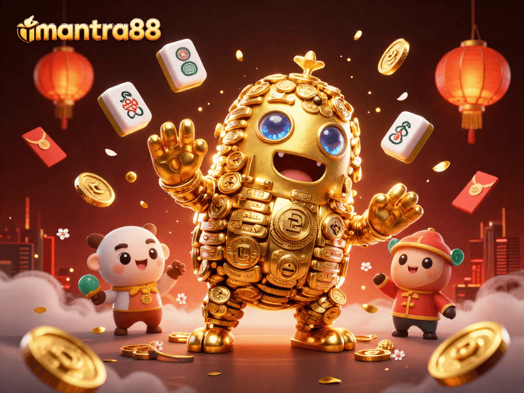 Experience thrilling wins at mantra88 with a dynamic scene of gold golems, lanterns, and winning symbols.