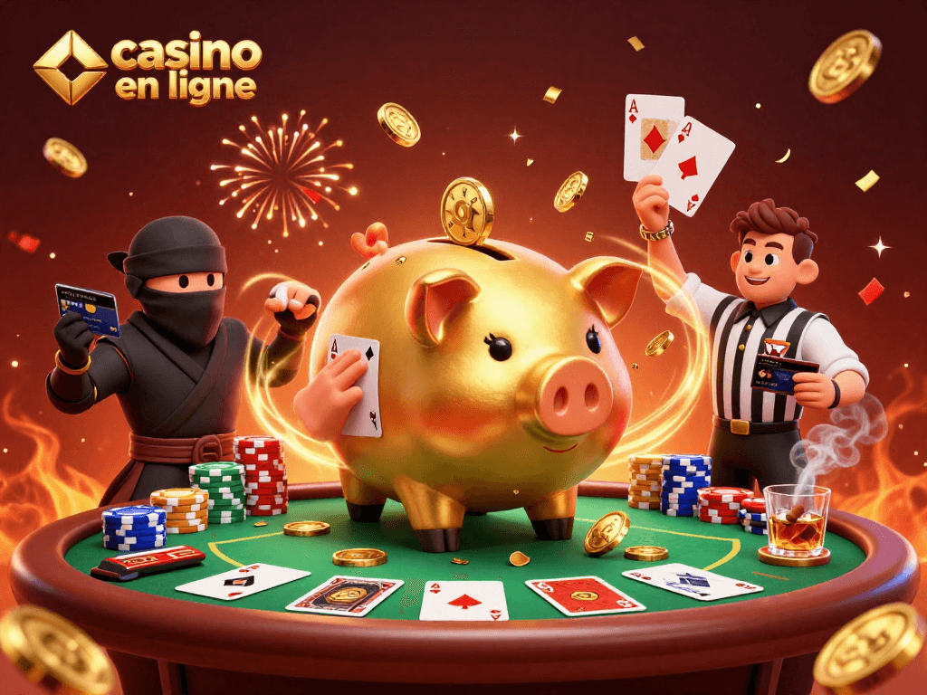 Jouez au casino en ligne avec une scène dynamique de personnages de jeu entourés de jetons et de cartes.