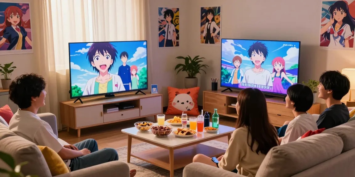 Experience the joy of anime with friends while streaming at https://animehay.zip/ in a cozy living room setting.