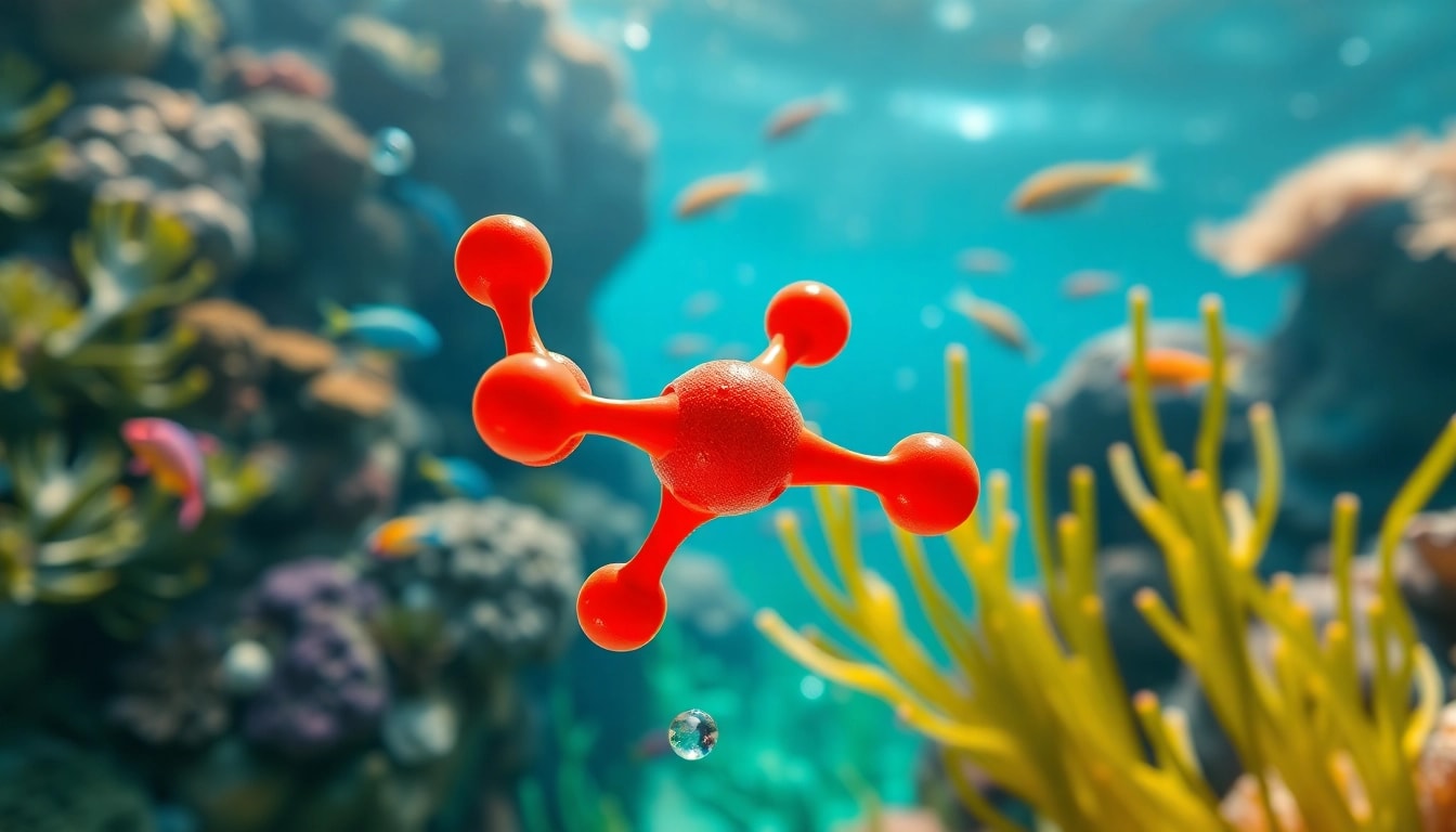 Astaxanthin explained with a molecular close-up in a vibrant underwater ecosystem.