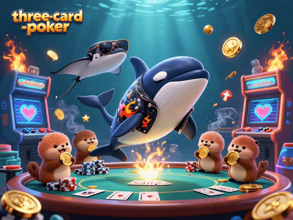 Engage in three-card-poker with vibrant 3D characters surrounded by poker elements and gold coins.