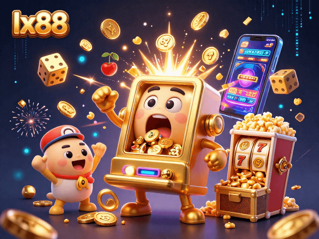 Experience the thrilling jackpot action at lx88 with a cartoon golden slot machine celebrating its win.