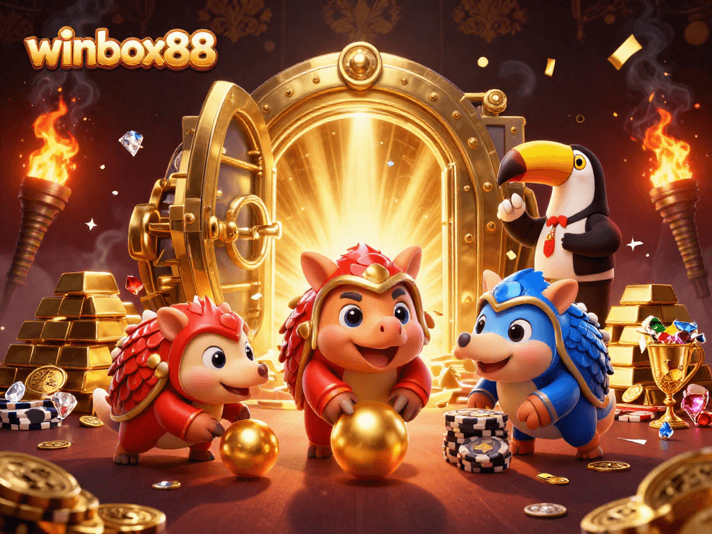 Experience winbox88 excitement as rival pangolins bowl through poker chips in a vibrant casino scene.