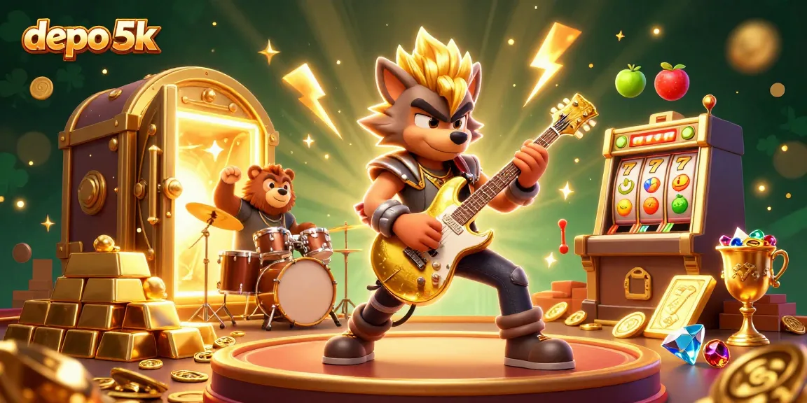 Spin the reels with depo 5k for jackpots in a vibrant casino scene featuring rock star characters.
