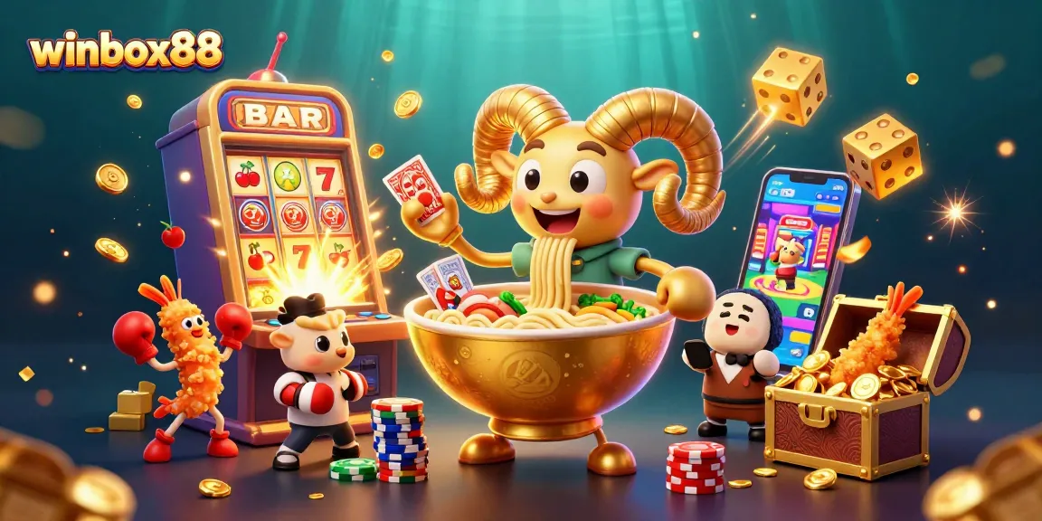 Winbox88 features a giant golden ramen bowl character with a gyoza sidekick in a vibrant casino scene.