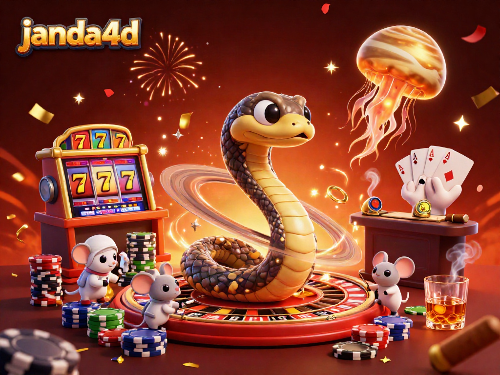 Janda4d menghadirkan pengalaman kasino online dengan simbol slot, karakter kartun, dan suasana meriah.