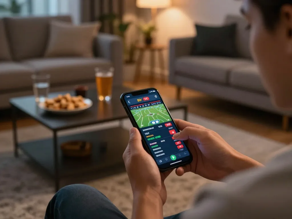 Player engaging in sports betting on smartphone at home, highlighting RR88's exciting gameplay.