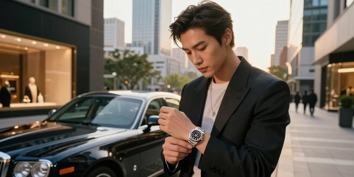 Showcasing super clone watches in a luxury urban lifestyle setting with a stylish individual.