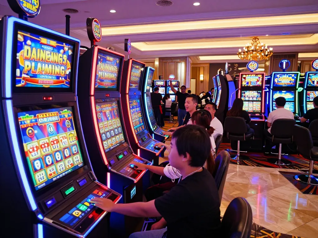 Players engaged at vibrant situs slot machines, excitement and anticipation evident in a lively casino atmosphere.