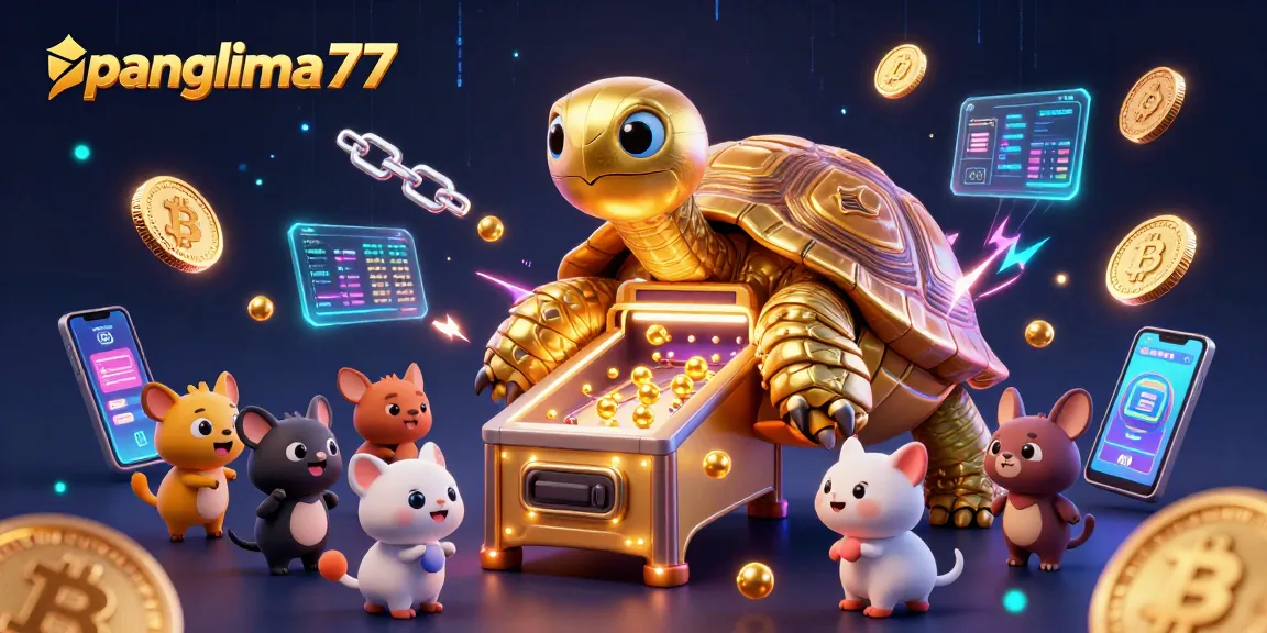 Panglima77 showcases a colossal tortoise pinball machine surrounded by excited players and vibrant casino elements.