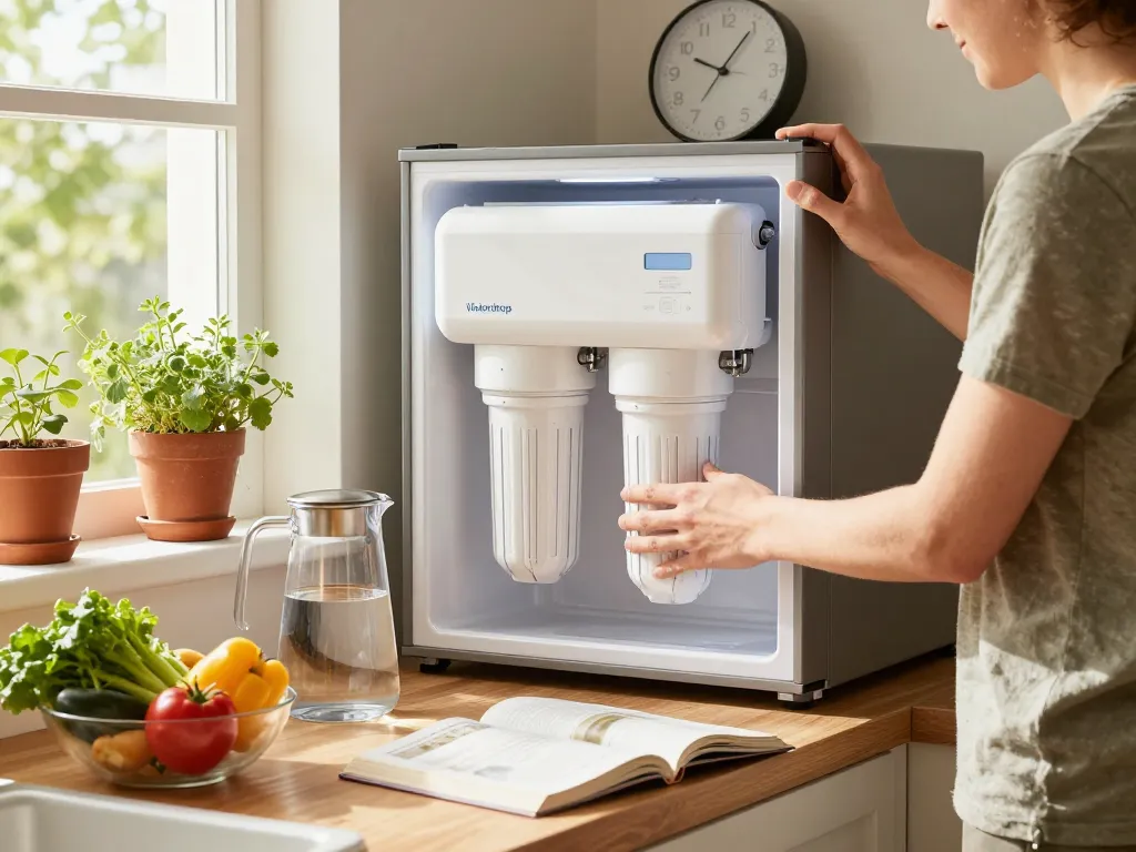 Installing Waterdrop EDR3RXD1 Replacement for Everydrop® Filter 3 in a modern kitchen with fresh ingredients.