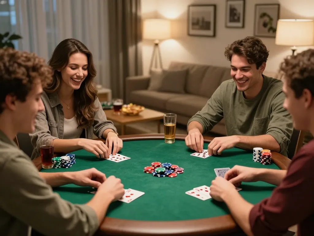 Friends enjoying a poker game at home with 888vnd apps and chips displayed, capturing a fun atmosphere.