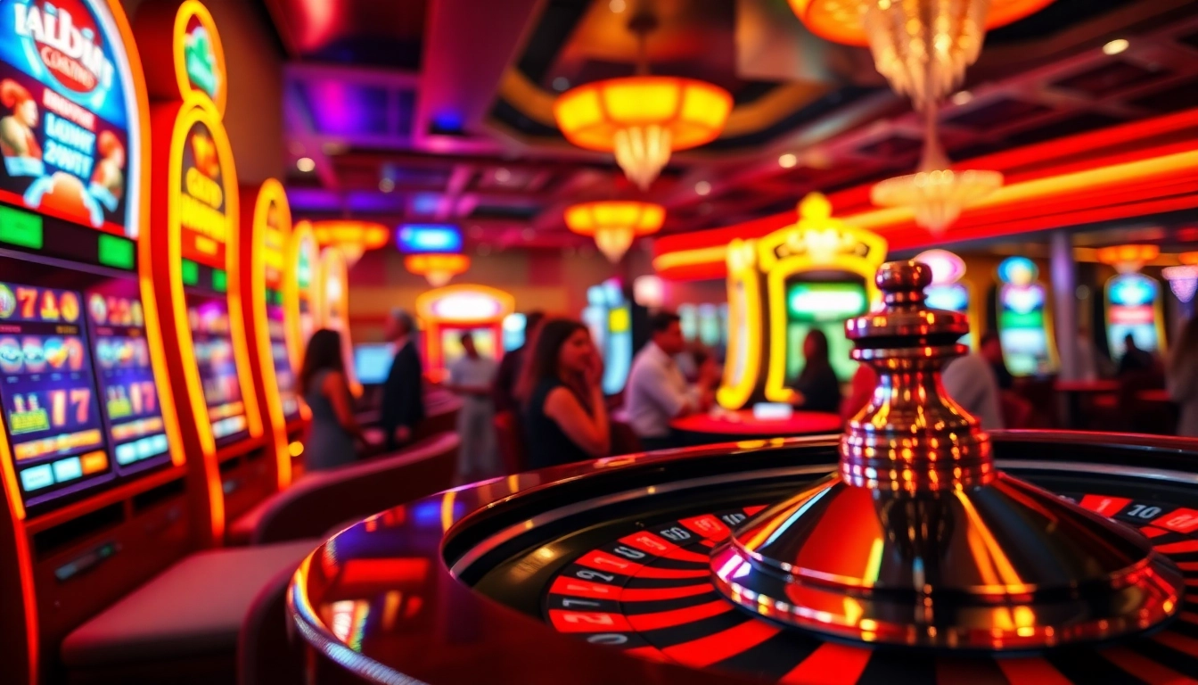 Pemain bersenang-senang di kasino bbni4d dengan mesin slot cerah dan meja roulette.