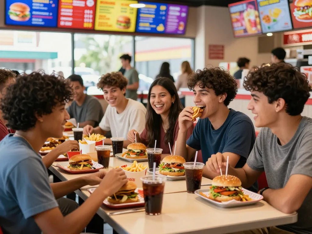 Group enjoying fast food prices at a lively restaurant, showcasing diverse meals and a vibrant atmosphere.