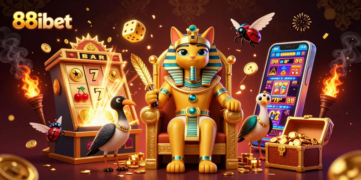Win big at 88ibet with thrilling online games, featuring an engaging pharaoh cat illustration.